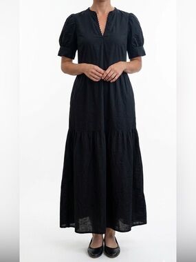 Who What Wear Black Puff Sleeve Tiered Midi Dress
